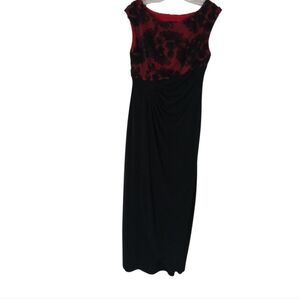 Connected Apparel Red and black lace top long dress. SIZE 6  Faux side ruffle